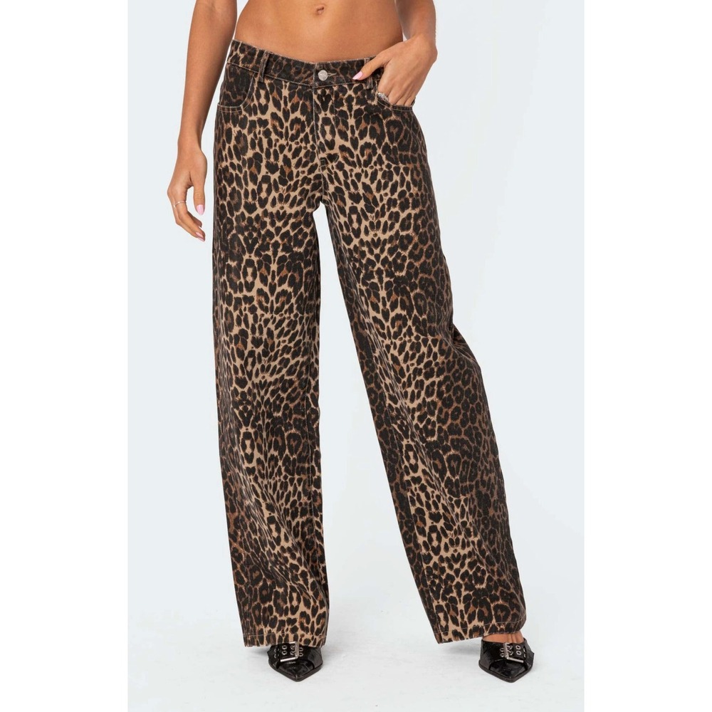 Edikted‎ Leopard Print Low Rise Wide Leg Jeans Size Small
